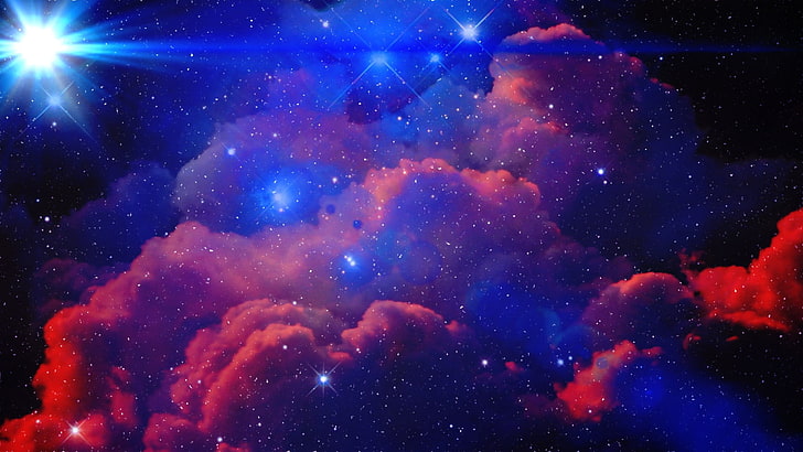 illustration of clouds and stars, space, flares, digital art