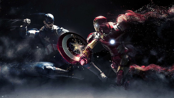 Iron Man and Captain America illustration, battle, night, men