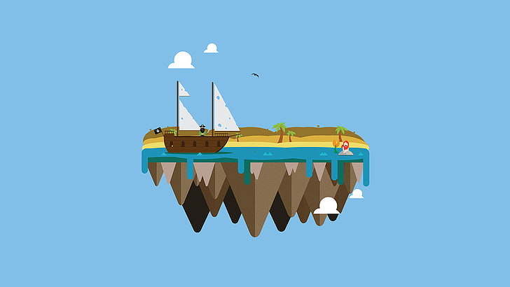white and brown ship illustration, vector, island, floating island, HD wallpaper