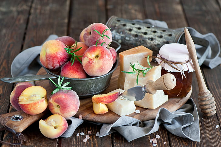 Food, Peaches, Cheese, Wooden Surface, Honey, Fruit