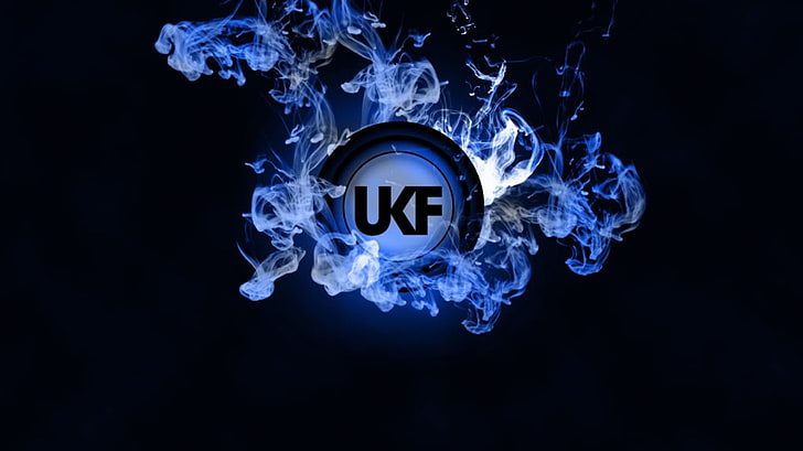 blue UKF logo, UKF Drum and Bass, dubstep, smoke, black background, HD wallpaper