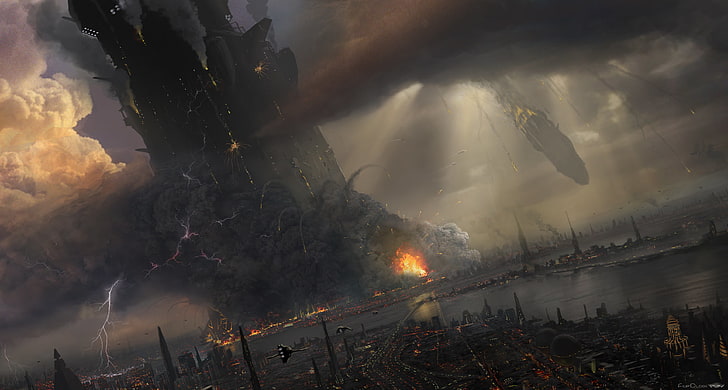 warship game wallpaper, the explosion, the city, future, fiction, HD wallpaper