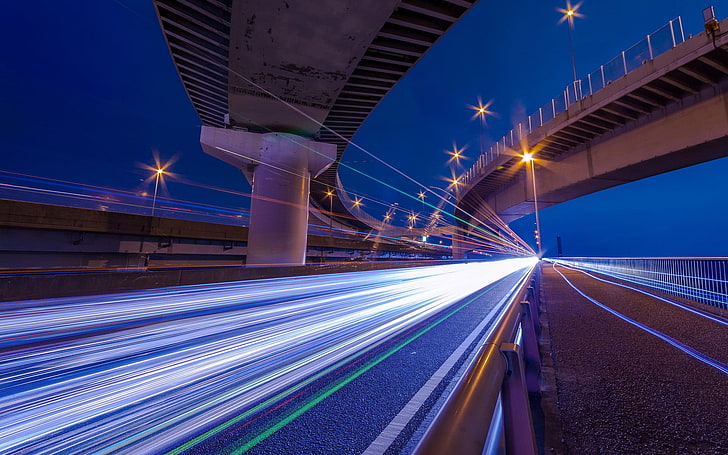 timelapse photography of vehicle on street, light trails, architecture, HD wallpaper