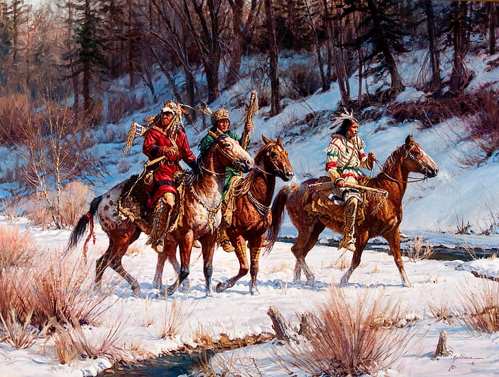three Native American riding horses screenshot, winter, forest, HD wallpaper
