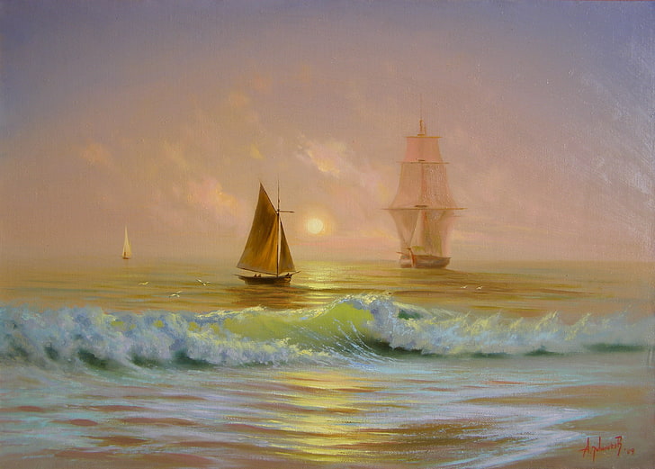 painting of three boats on body of water, sea, the sun, dawn