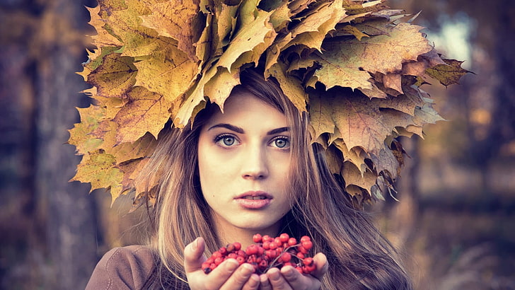 brown leaves, woman's face with leaves, fall, portrait, berries, HD wallpaper