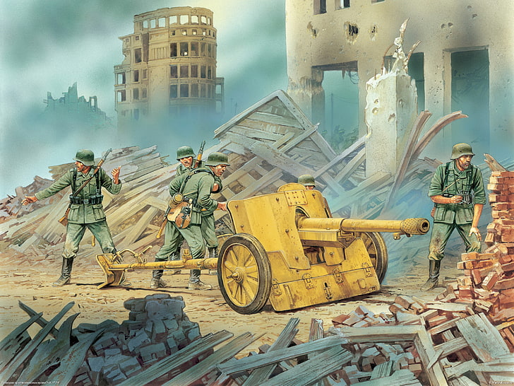 yellow canon illustration, the city, figure, gun, art, the ruins, HD wallpaper