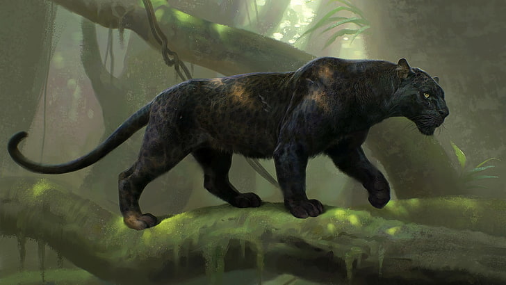 panther walks on tree branch, digital art, Black Panther, animal themes