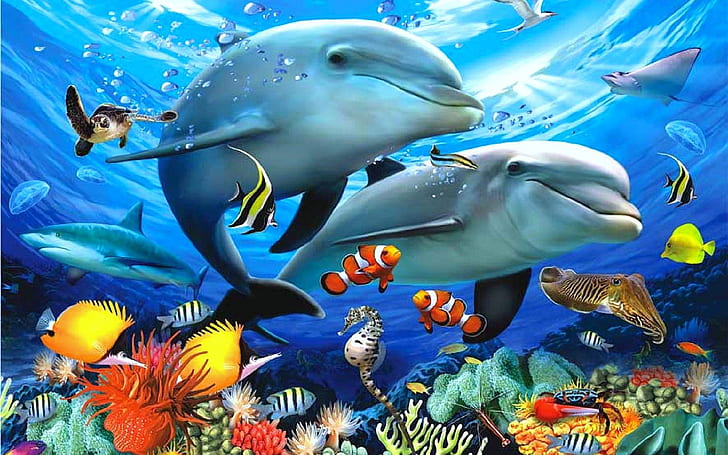 Ocean Sea Waves Underwater Animals Dolphins Exotic Colorful Fish Sip Corals Underwater Landscape Paradise Art Paintings Marine Animals 1920×1200