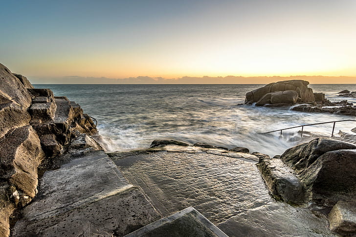 rocks and body of water during golden time, Sunrise, Sandycove, HD wallpaper