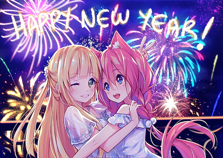 Happy New Year, blonde, pink hair, fireworks, anime, anime girls