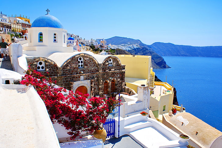 Blue Dome Santorini Greece, sea, landscape, nature, home, oia, HD wallpaper