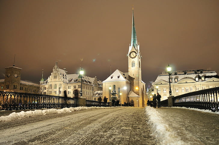 Zurich, Switzerland, tower, white concrete church, bridge, snow