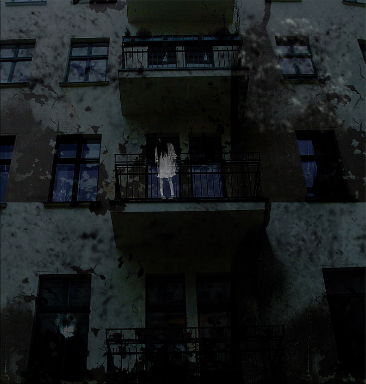 women's white dress, horror, balcony, ghost, urban, dark, digital art