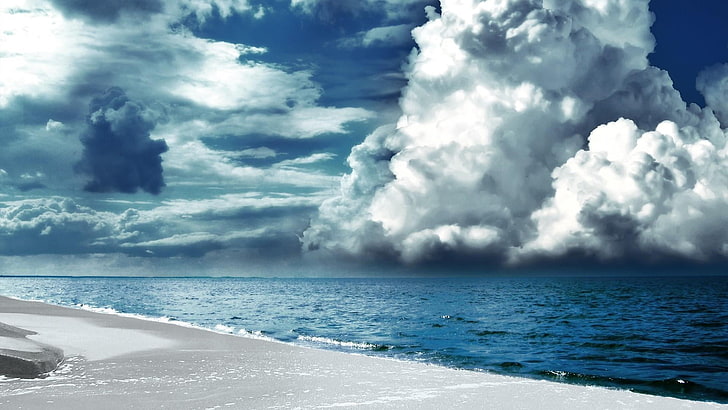 sky, sea, cloud, ocean, horizon, cumulus, wave, shore, blue water