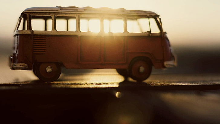 red minibus, red and white Volkswagen T1, closeup, blurred, tilt shift