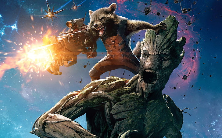 Marvel Groot and Rocket Racoon illustration, Guardians of the Galaxy