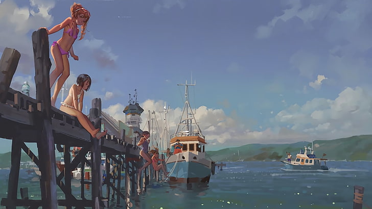 anime character on dock near body of water wallpaper, anime girls
