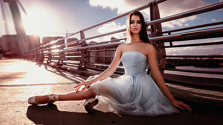women's white strapless dress, women outdoors, model, Georgy Chernyadyev, HD wallpaper