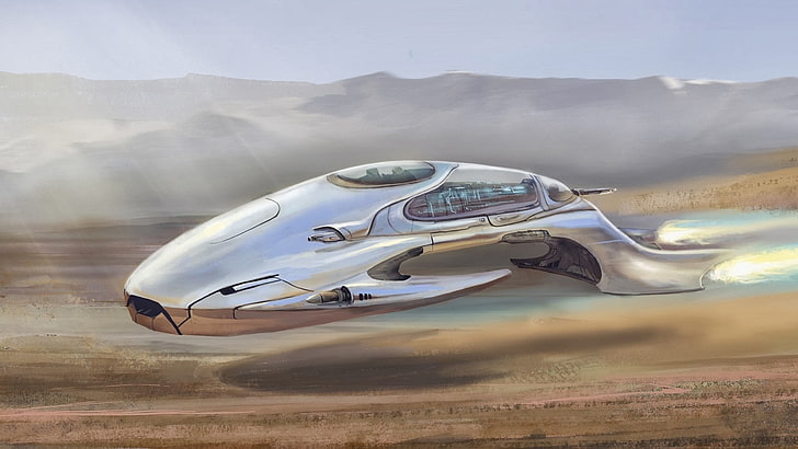silver spaceship, futuristic, science fiction, mountain, nature
