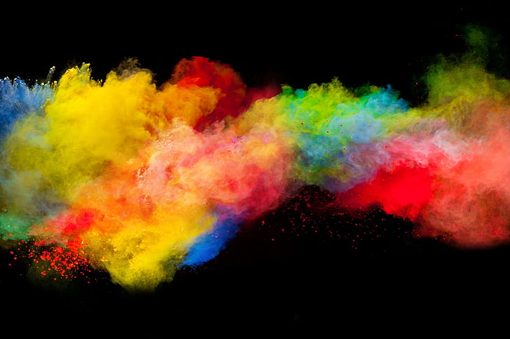 colors, boom, dark background, blast, powder explosion