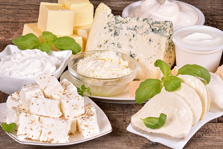 assorted cheeses, greens, sour cream, dairy products, milk products, HD wallpaper