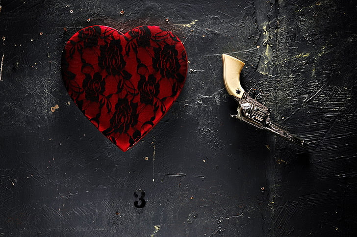 heart, numbers, gun, still life, red, heart shape, love, positive emotion, HD wallpaper
