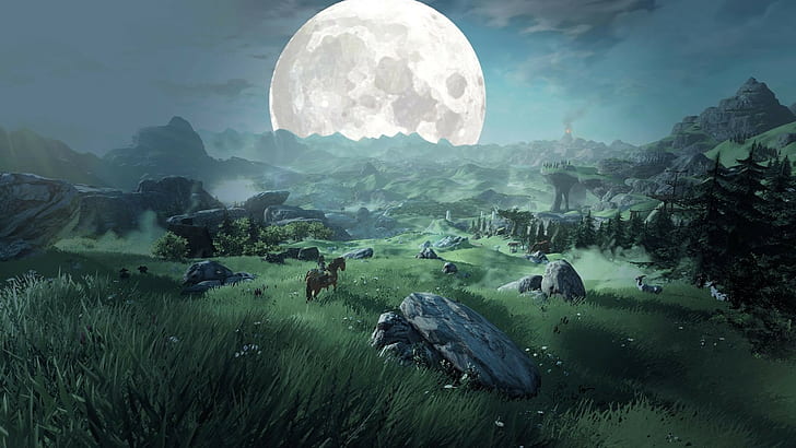 painting, Moon, The Legend of Zelda: Breath of the Wild, fantasy art, HD wallpaper