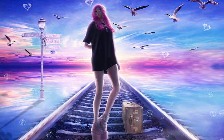Pink haired fantasy girl, railroad, birds, dream, HD wallpaper
