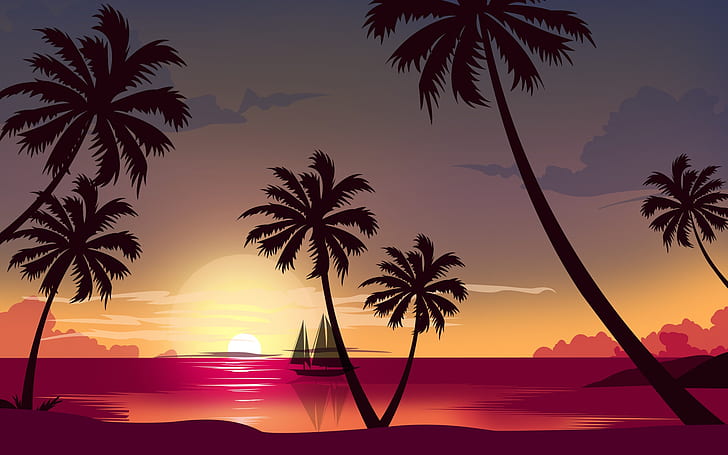 Sunset, The sun, The ocean, Sea, Beach, Minimalism, Palma, Ship, HD wallpaper