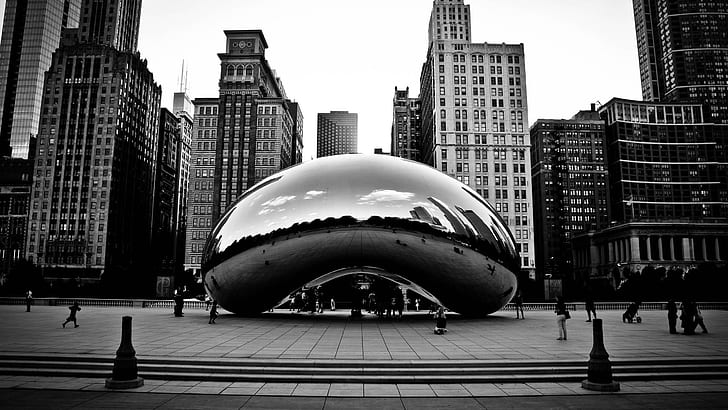 Cloud gate, Chicago, grayscale photo of cloud gate chicago, world, HD wallpaper