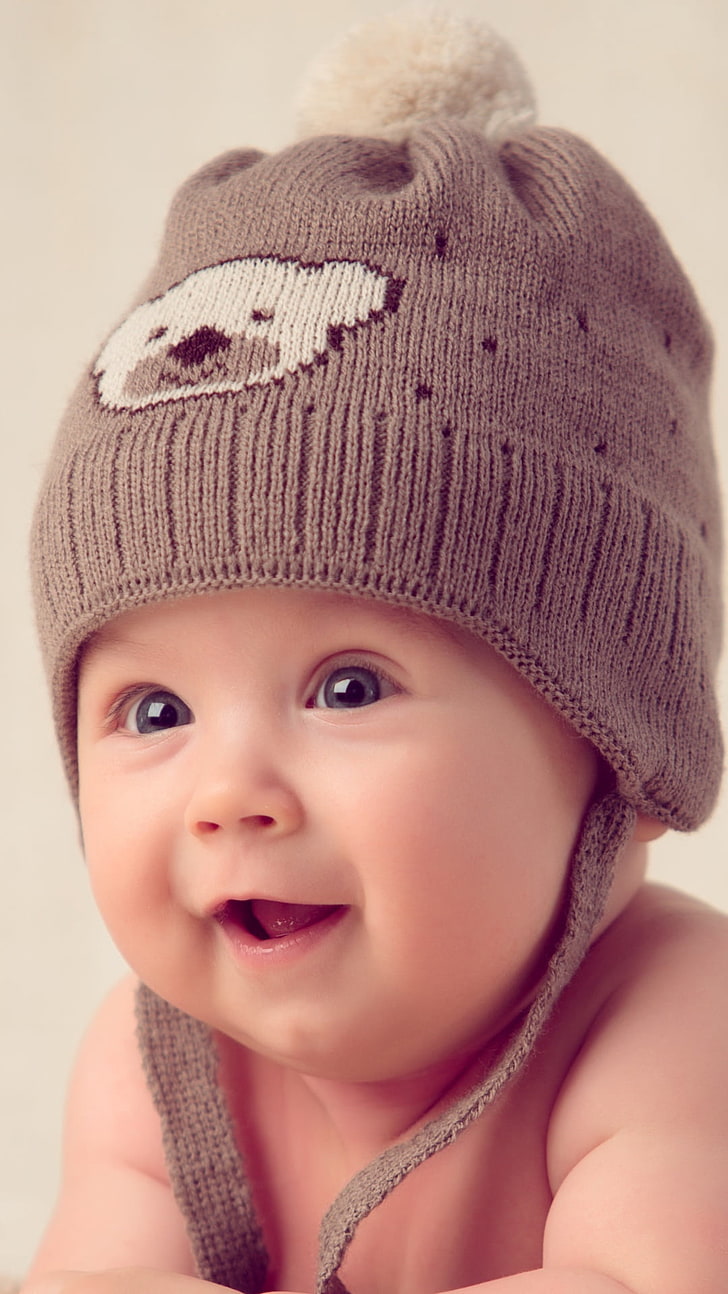 HD wallpaper: Newborn Kid Sweet Face, gray and beige knitted cap ...