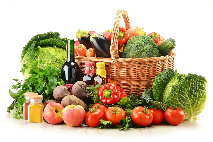 variety of vegetable lot, GREENS, BOTTLE, BASKET, RED, PEPPER, HD wallpaper