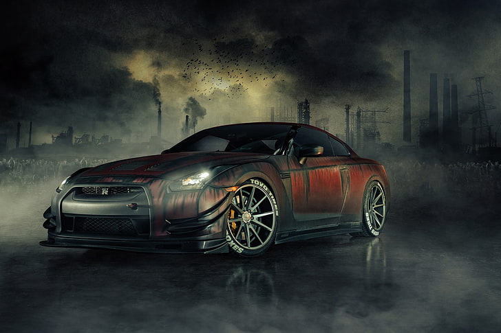 red and black coupe illustration, Nissan GTR, car, rims, mode of transportation