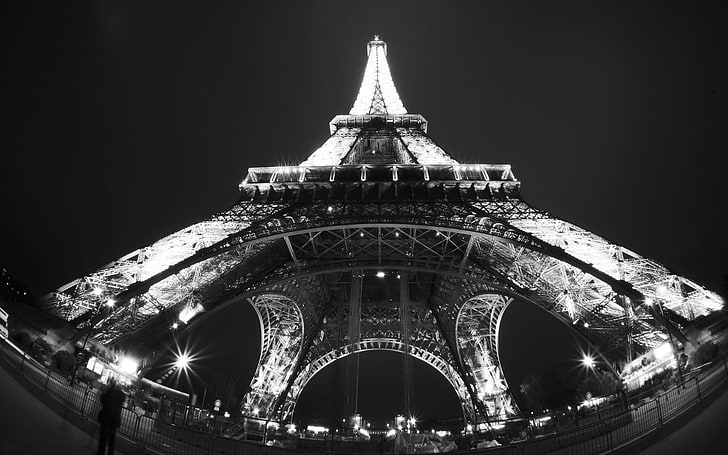 Eiffel Tower, Italy, Paris, monochrome, fisheye lens, built structure