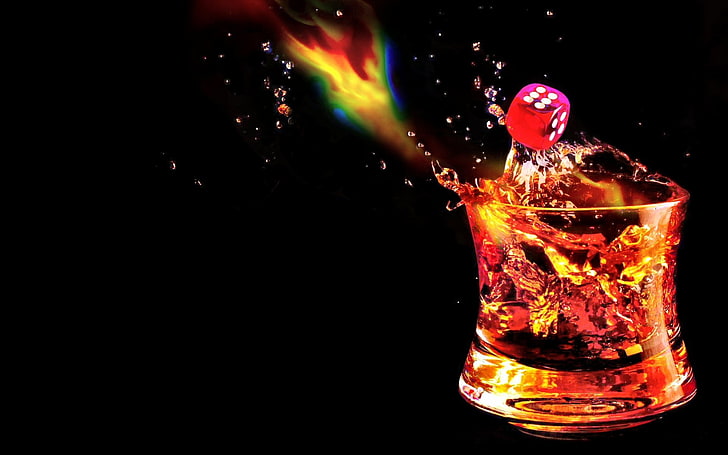 Food, Whisky, Dice, Drink, Flame, Glass, Scotch, indoors, refreshment, HD wallpaper