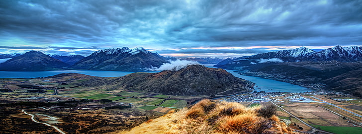 Panorama Over Queenstown, aerial photography of mountain and river at daytime, HD wallpaper