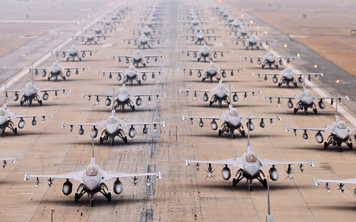 F-16 multi fighter planes, airport, runway, HD wallpaper