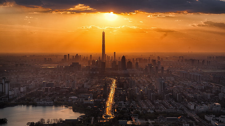 high-rise building, city, road, Sun, clouds, architecture, lake