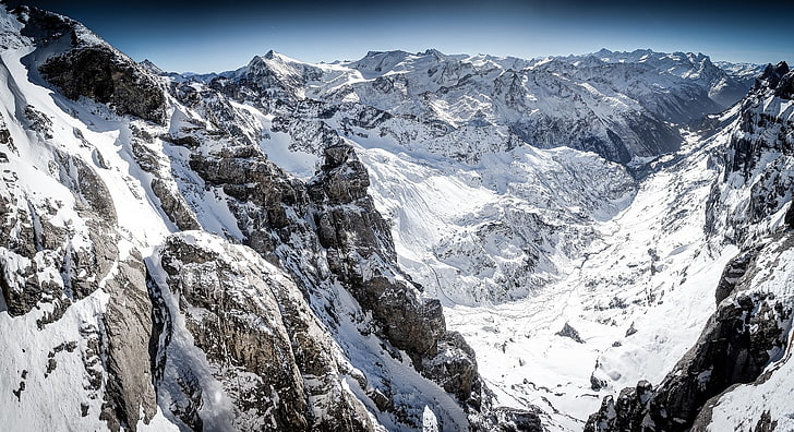 mountains, snow, cliff, snowy peak, titlis, Switzerland, cold temperature, HD wallpaper