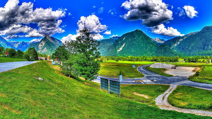nature, landscape, sky, summer, clouds, tree, grass, meadow, HD wallpaper