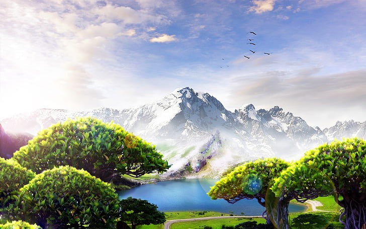 Beautiful dream world, lake, mountains, trees, birds, clouds, HD wallpaper