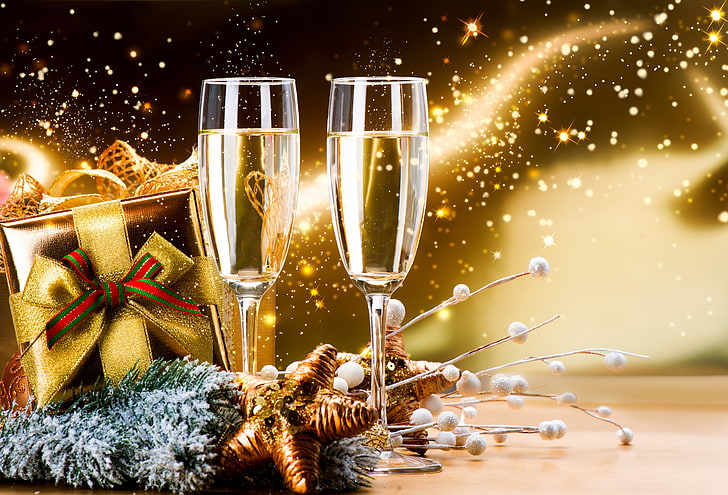 two clear glass champagne flutes, decoration, gift, New Year, HD wallpaper