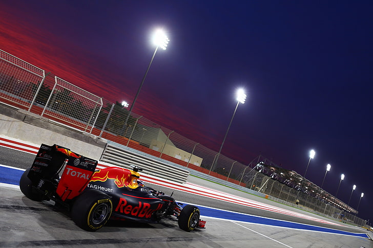 Formula 1, Red Bull Racing, illuminated, night, motion, transportation, HD wallpaper