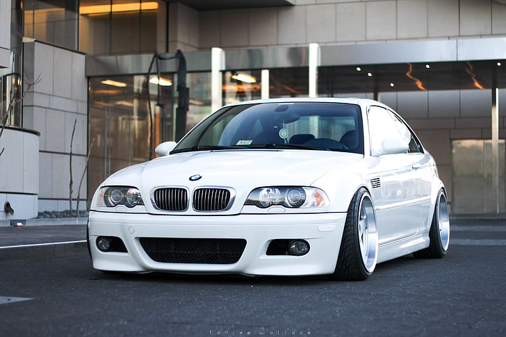 white BMW E46 M3 coupe, tuning, drives, stance, car, land Vehicle