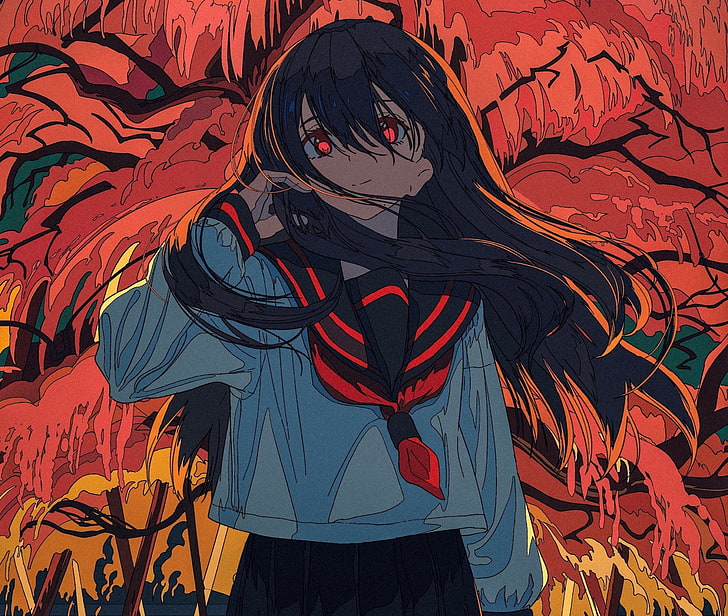 anime girls, DubstepGutter, artwork, Halloween, orange, red, HD wallpaper