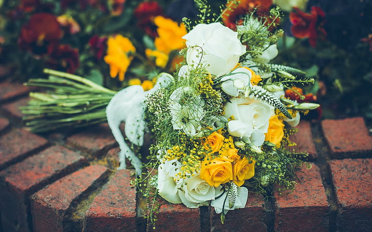bouquet, flowers, roses, petals, composition, HD wallpaper
