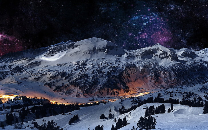 mountains with snow digital wallpaper, space, stars, galaxy, blue