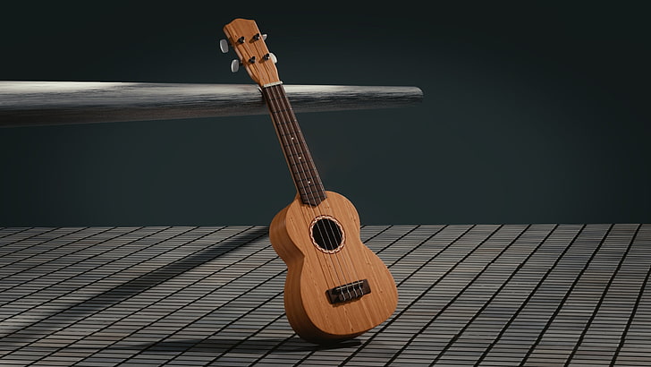brown ukulele, guitar, 3d, space, music, musical Instrument, musician, HD wallpaper