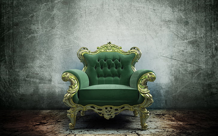 gold and green armchair, room, design, wall, furniture, old-fashioned, HD wallpaper